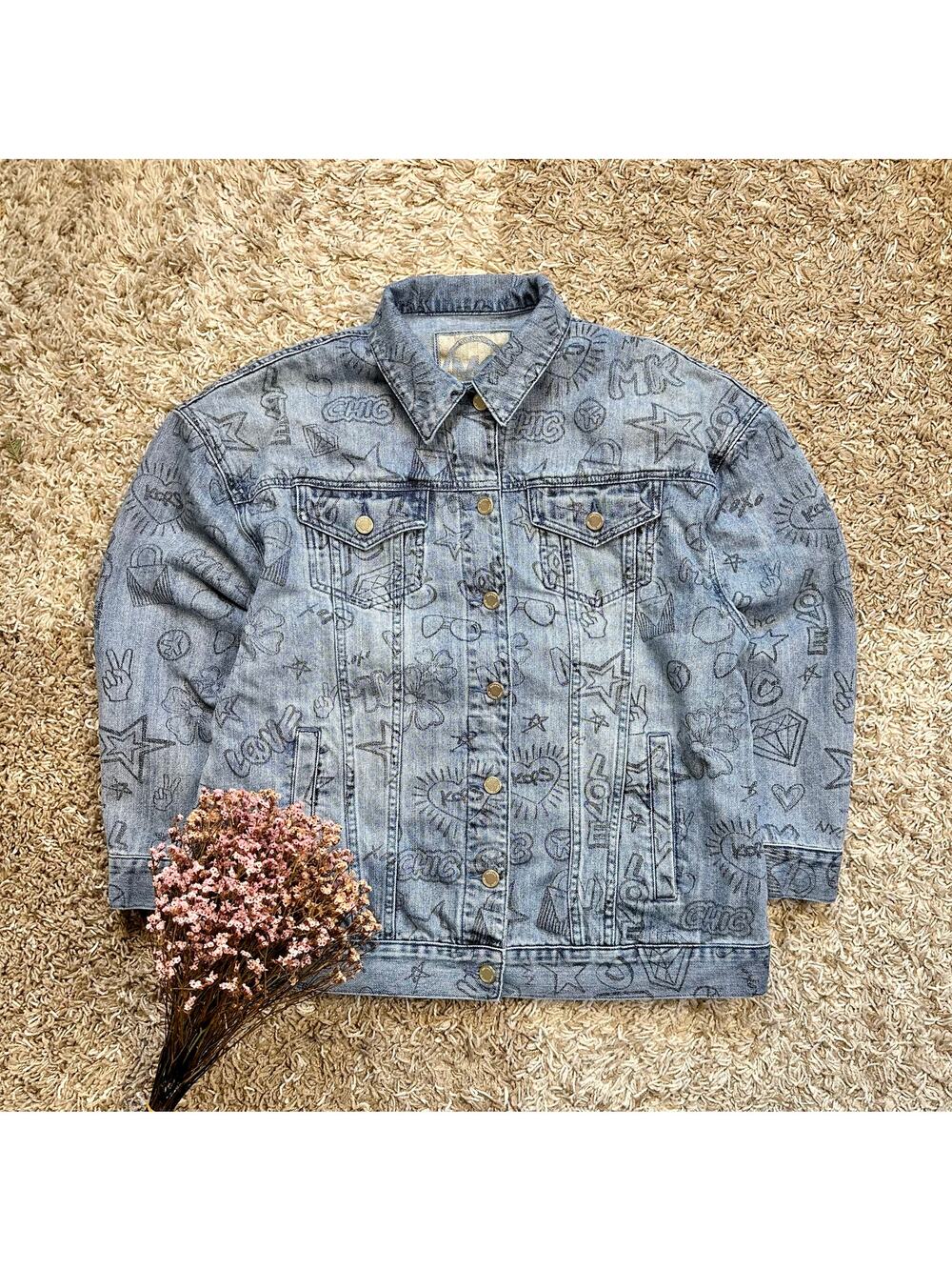 Michael Kors Blue Denim Jean Jacket Hippie Love New York City NYC Women’s Size M